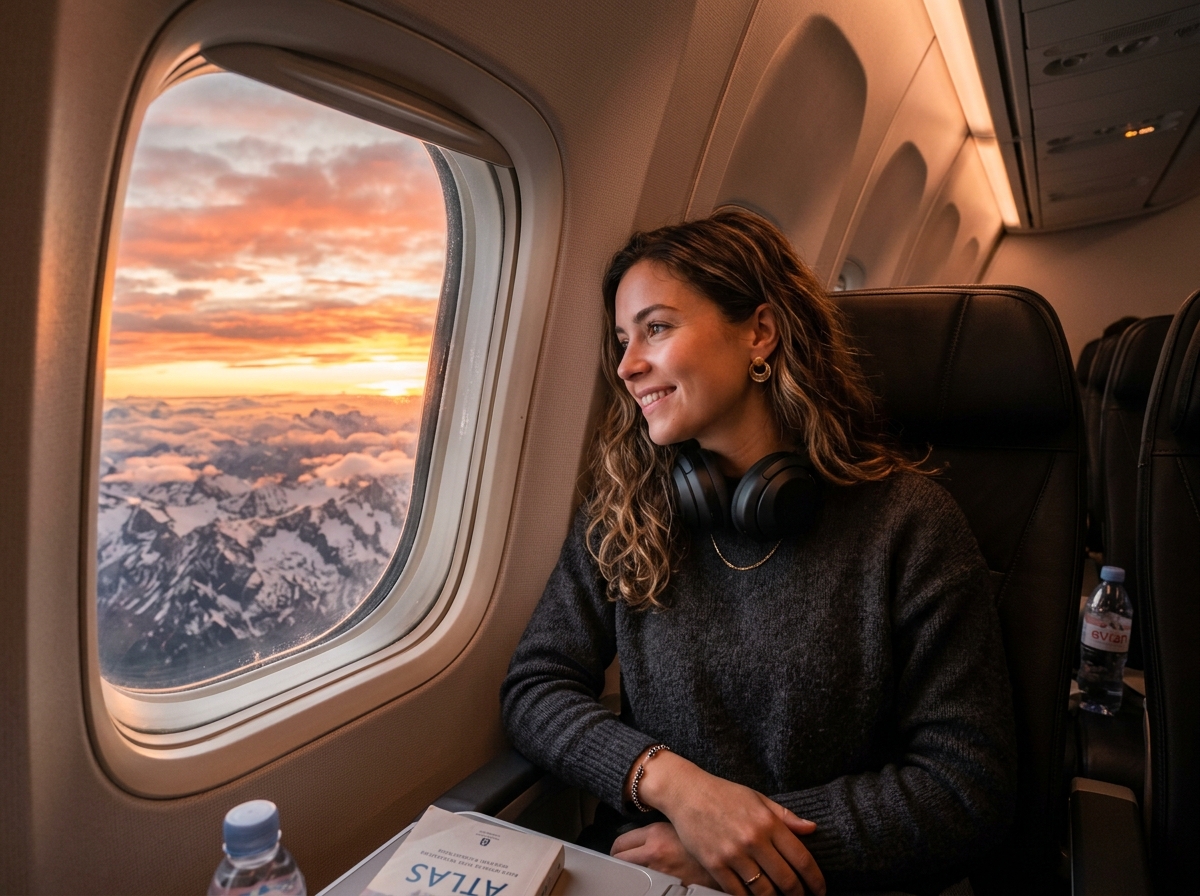 Traveler looking out airplane window at sunset